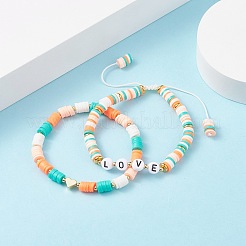 手作りポリマークレイビーズブレスレットセット  アクリルビーズと真鍮ビーズ  カラフル  内径：2-1/8~3-3/8インチ（5.4~8.6cm）  2個/セット&nbsp;BJEW-TA00043-01