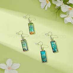 2 Pairs 2 Colors Glass Rectangle with Leaf Dangle Earring&nbsp;EJEW-FI0001-16