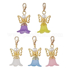 5個5色のガラスパールビーズとアクリルペンダントデコレーション  カニカン付き  天使  ゴールドカラー  41mm  1pc /カラー&nbsp;HJEW-JM03223-01