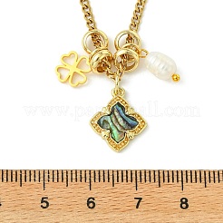 Brass Natural Paua Shell & Pearl Pendant 304 Stainless Steel Curb Chain Necklaces for Women&nbsp;NJEW-JN06258-03