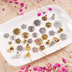 チベット風アロイビーズコーン&キャップ  花  アンティークシルバー＆アンティーク金色  7x5mm  穴：1.5mm  内径：3mm  320個/箱&nbsp;PALLOY-TA0001-78