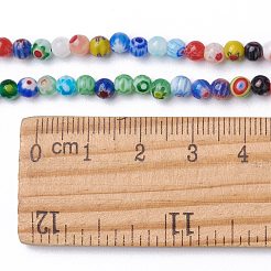 手作りのミッレフィオーリガラスラウンドビーズ連売り  ミックスカラー  4mm  穴：1mm  約95~100個/連  14~14.5インチ&nbsp;LAMP-J038-4mm-M