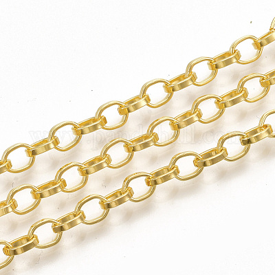 アイアン製アズキチェーン  溶接されていない  スプールで  フラットオーバル  ゴールドカラー  5.5x4.3x1.2mm  約164.04フィート（50m）/ロール&nbsp;CH-T001-02G-1