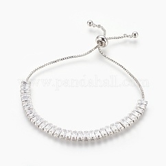 Brass Cubic Zirconia Bolo Tennis Bracelets, Slider Bracelets, Rectangle, Clear, Platinum, 1-1/8 inch~3 inch(3.1~7.5cm)