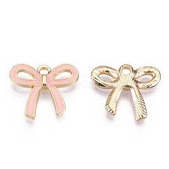 Light Gold Plated Alloy Pendants, with Enamel, Bowknot, Pink, 16x18x2.5mm, Hole: 2mm
