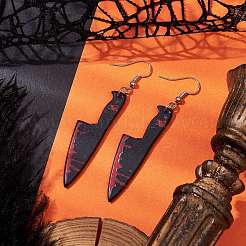 ハロウィーンプリントのアクリルダングルイヤリング  鉄のピアスフック  ナイフチャーム  プラチナ  ブラック  70x14mm&nbsp;EJEW-JE06124-07