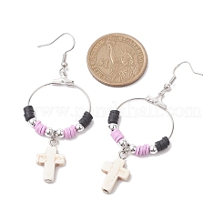 女性用クロス合成ターコイズ＆ポリマークレイダングルイヤリング  真鍮製のピアスフック付き  ベージュ  69.5x29.5mm&nbsp;EJEW-JE05893-02
