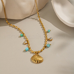 Stainless Steel Shell Shape Pendant with Clear Cubic Zircon & Dyed Shell Tassel Necklaces for Women&nbsp;ZN3390