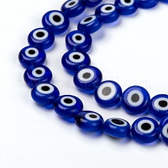手作りナザールボンジュウランプワークフラットラウンドビーズ連売り  ブルー  8x3.2mm  穴：1mm  約49個/連  14.56インチ&nbsp;X-LAMP-L058-8mm-04