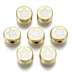 合金エナメルビーズ  カドミウムフリー＆鉛フリー  スターとフラットラウンド  ライトゴールド  ホワイト  8x4mm  穴：1.5mm&nbsp;X-ENAM-S122-031-RS