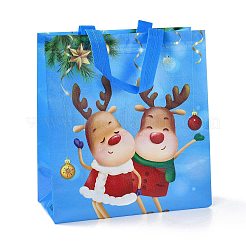 クリスマステーマラミネート不織布防水バッグ  ヘビーデューティストレージ再利用可能なショッピングバッグ  ハンドル付き長方形  ドジャーブルー  鹿の模様  26.8x12.2x28.7cm&nbsp;ABAG-B005-01B-04