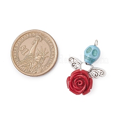 Dyed Synthetic Turquoise Skull & Resin Rose Flower Pendants&nbsp;PALLOY-TA00295