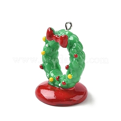 クリスマステーマの不透明樹脂ペンダント  プラチナ鉄ループ付き  クリスマスリース  35.5x28.5x24.5mm  穴：2mm&nbsp;LS-RESI-I336-01P-07