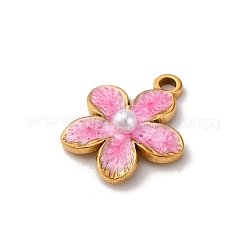304ステンレススチールエナメルチャーム  花のチャーム  模造パールと  ゴールドカラー  ピンク  13.5x12x3.5mm  穴：1.4mm&nbsp;STAS-D361-01G-02