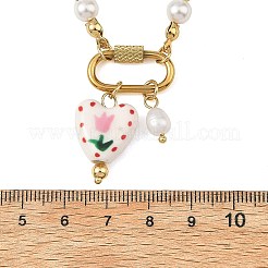 2Pcs 2 Colors Handmade Printed Floral Porcelain Heart & 304 Stainless Steel Pendant Round White Shell Pearl Beaded Necklaces for Women&nbsp;NJEW-JN06391