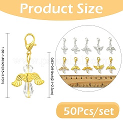 50スタイルのガラスと合金のペンダント装飾5個。  合金製カニカン付き  天使  ゴールドカラー  透明  33mm  10個/スタイル&nbsp;HJEW-FS00077
