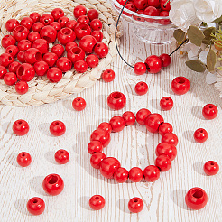 スプレー塗装/染色された丸い天然シマウッドビーズ  レッド  13~20x13~20mm  穴：2.8~9.5mm  150個/セット&nbsp;WOOD-PA0001-80