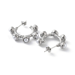 304ステンレススチールスタッドピアス  プラスチックパール付きリングハーフフープピアス  ステンレス鋼色  24.5x6mm&nbsp;EJEW-D095-17P