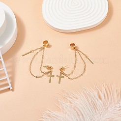 ブラス ハンギング チェーン ダングル スタッド イヤリング イヤーカフ付き  女性用304ステンレススチールクロスドロップイヤリング  ゴールドカラー  80mm  ピン：0.8mm&nbsp;EJEW-TA00148