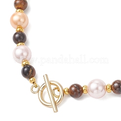 9MM Shell Pearl with 7MM Natuarl Tiger Eye Round Beaded Necklaces for Women&nbsp;NJEW-JN05699