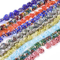 手作りミッレフィオーリガラスビーズ連売り  混合図形  ミックスカラー  7.5~21x4~22x2.5~8mm  穴：1~2mm  14.1インチ〜16.5インチ（36~42cm）&nbsp;LK-F011-01