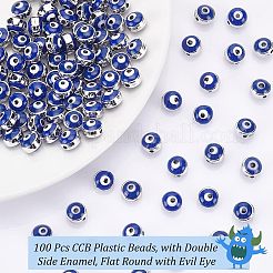 100個のccbプラスチックビーズ  両面エナメル付き  ナザールボンジュウ付きフラットラウンド  プラチナ  8x5mm  穴：1.5mm&nbsp;FIND-NB0003-11A