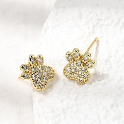 Paw Print Brass Micro Pave Clear Cubic Zirconia Stud Earrings&nbsp;EJEW-C186-04G