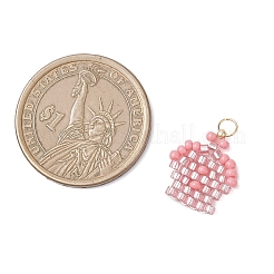 ガラスシードビーズの王冠ペンダント  304ステンレススチール製丸カン付き  18KGP本金メッキ  ピンク  16x15x2mm  穴：3mm&nbsp;PALLOY-MZ00980-02