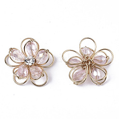 手作りワイヤー巻きペンダント  多面カットガラスビーズ  クリスタルラインストーンとライトゴールドメッキ真鍮線  花  ピンク  19~21x19~21x8~9mm&nbsp;FIND-N050-03B