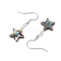 天然アワビ貝/パウア貝のダングルイヤリング  鉄のピアスフックで見つける  銀  スター  34x13mm&nbsp;EJEW-JE05916-01