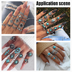 85Pcs 85 Style Rhombus & Crown & Heart & Moon & Flower Rhinestone Open Cuff Rings Set with Imitation Turquoise Beaded&nbsp;RJEW-AR0001-03