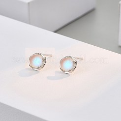フラット ラウンド ロジウム メッキ 925 スターリング シルバー スタッド イヤリング、女性用、合成夜光石付き  ブラック  プラチナ&nbsp;EJEW-BB72170-A