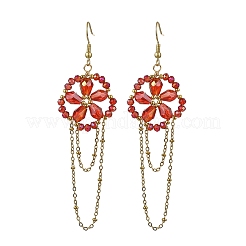 電気メッキ加工を施したガラス編み込みのドロップピアス（女性用）  花  304ステンレススチールダングルイヤリング  18KGP本金メッキ  レッド  93.5x25.5mm&nbsp;EJEW-MZ00795-02