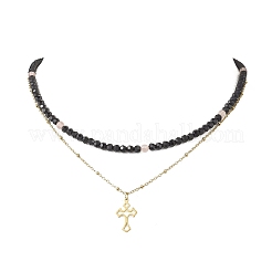 304 Stainless Steel Satellite Chain Cherry Quartz Glass & Glass Faceted Round Beaded Double Layer Pendant Necklaces&nbsp;NJEW-JN05510-01