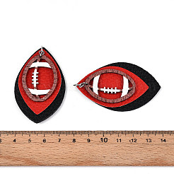 ラグビー柄のレザーペンダントが付いた楕円形  木と鉄のリング付き  プラチナ  レッド  57x35x2mm  穴：5mm&nbsp;FIND-N007-05