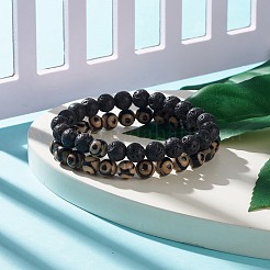 2Pcs 2 Style Natural Tibetan 3-Eye dZi Agate & Lava Rock Mala Bead Bracelets Set&nbsp;BJEW-JB07889