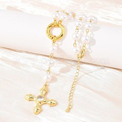 真鍮パヴェクリアキュービックジルコニアクロスYペンダントネックレス、ABSイミテーションパールハンドメイドリンクチェーン付き  長持ちメッキ  ラックめっき  鉛フリー＆カドミウムフリー  ホワイト  18KGP本金メッキ  17.20インチ（43.7cm）&nbsp;NJEW-F364-06G