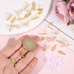 304ステンレススチールスタッドピアス金具30個  オーバル  カン付き  50個のプラスチック製イヤーナット  ゴールドカラー  16x7x1mm  穴：1.6mm  ピン：0.8mm&nbsp;STAS-BBC0008-92G