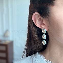 真鍮エナメル＆クリアキュービックジルコニアスタッドピアス  フラットラウンド＆ティアドロップ＆スクエア  ゴールドカラー  淡いターコイズ  25x12mm&nbsp;WGFA43A-01