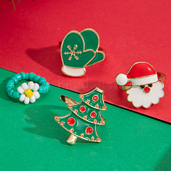 Christmas Theme Santa Claus & Christmas Tree & Glove Alloy Enamel & Flower Glass Seed Beaded Finger Rings Sets&nbsp;FS-WGEF6A6-01