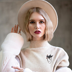 Gothic Style Crow with Rose Alloy Rhinestone Hanging Chain Brooches&nbsp;JEWB-WH0020-108