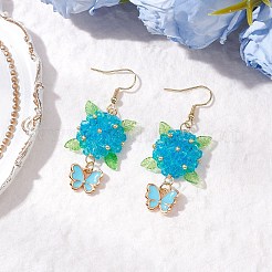 304 ステンレススチールの花と蝶のダングルイヤリング  ガラスシードビーズ、合金エナメルチャーム、ガラスビーズ、アクリルチャーム付き  ゴールドカラー  ミックスカラー  53.5x20.5mm&nbsp;EJEW-MZ00455