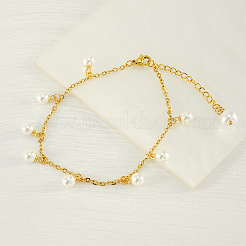 Plastic Imitation Pearl White Round Tassel 304 Stainless Steel Chain Anklets for Women&nbsp;FS-WG0F4BB-01