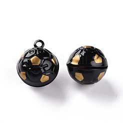 焼き付け塗装の真鍮ベルペンダント  サッカー  ブラック  21x17.5x16.5mm  穴：2mm&nbsp;KKB-S002-013A