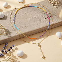 304 Stainless Steel Pendant Colorful Glass Beaded Double Layer Necklaces for Daily Wear&nbsp;WG8061-2