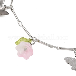 201 Stainless Steel Butterfly & Spray Painted Glass Flower Charm Brass Bar Link Chain Anklets&nbsp;AJEW-AN00736-01