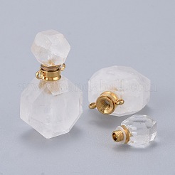 多面的な天然水晶の開いている香水瓶のペンダント  水晶  304ステンレススチール製金具付き  ゴールドカラー  34~36x20~22x12~13mm  穴：1.8mm  ボトル容量：1ml（0.034液量オンス）&nbsp;G-I287-06G-A