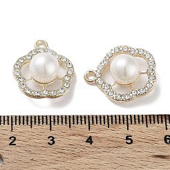 ABS模造パールビーズペンダント  合金とクリスタルのラインストーン付き  カドミウムフリー＆鉛フリー  花のチャーム  ゴールドカラー  19x16.5x9mm  穴：1.8mm&nbsp;FIND-C042-05G