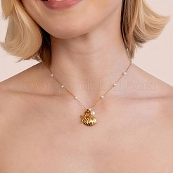 オーシャンステンレススチール＆イミテーションパールシェルシェイプヒトデペンダントネックレス（女性用）  ホワイト  ゴールドカラー  16.34インチ（41.5cm）&nbsp;FX1473-2