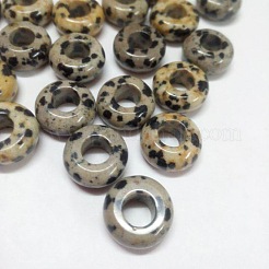 宝石ヨーロッパのビーズ  天然ダルメシアンジャスパー  大穴ビーズ  ロンデル  ブラック/ベージュ  12x6mm  穴：5mm&nbsp;SPDL-H005-1